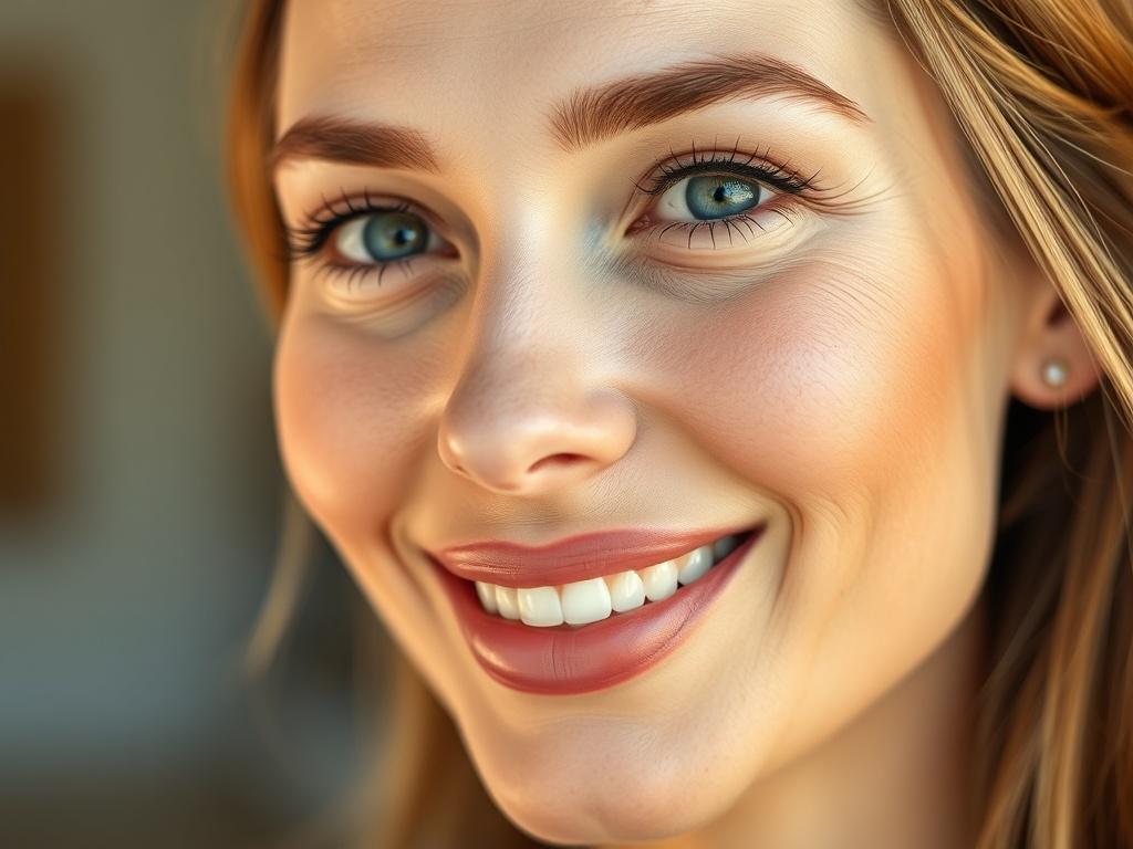 A close-up shot of a smiling woman with smooth skin, showcasing the effects of Botox treatment. The background is softly blurred, highlighting her radiant face. The lighting should be bright and warm, enhancing the natural beauty of the subject. The image should evoke a sense of freshness and confidence, with a focus on the glow of her skin.
