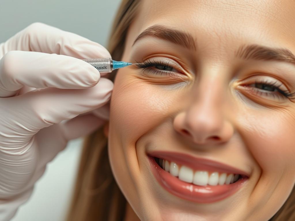 A close-up shot of a smiling person receiving a Botox injection on their forehead. The background should be softly blurred to emphasize the subject, showcasing a clean and professional medical environment. The person should have a relaxed expression, demonstrating confidence in the procedure, with a focus on the injector's skillful hand. Use soft, natural lighting to enhance the realistic look of the scene.