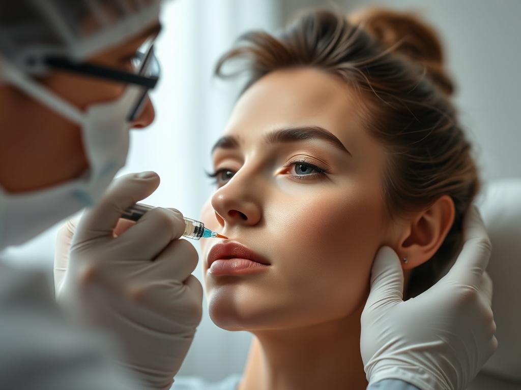 A close-up shot of a professional cosmetic injector performing a dermal filler treatment on a patient’s face. The injector is focused on the procedure, demonstrating precision and care. The background is blurred to emphasize the injector and patient, with soft lighting creating a welcoming atmosphere. The image should highlight the details of the injector's technique and the natural beauty of the patient, showcasing a calm and professional environment.