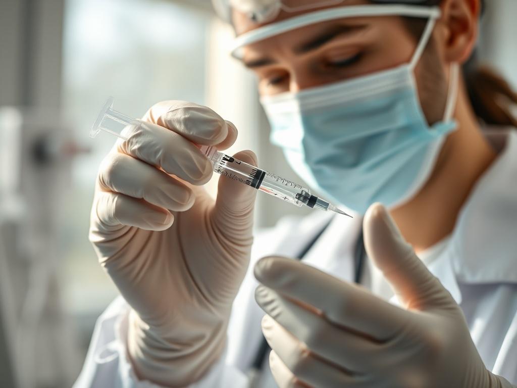 A close-up shot of a healthcare professional carefully preparing a platelet-rich plasma (PRP) injection in a sterile environment. The professional, wearing gloves and a lab coat, is focused on the process, showcasing the clear PRP in a syringe. The background is softly blurred, emphasizing the professionalism and cleanliness of the medical center, with natural light illuminating the scene.