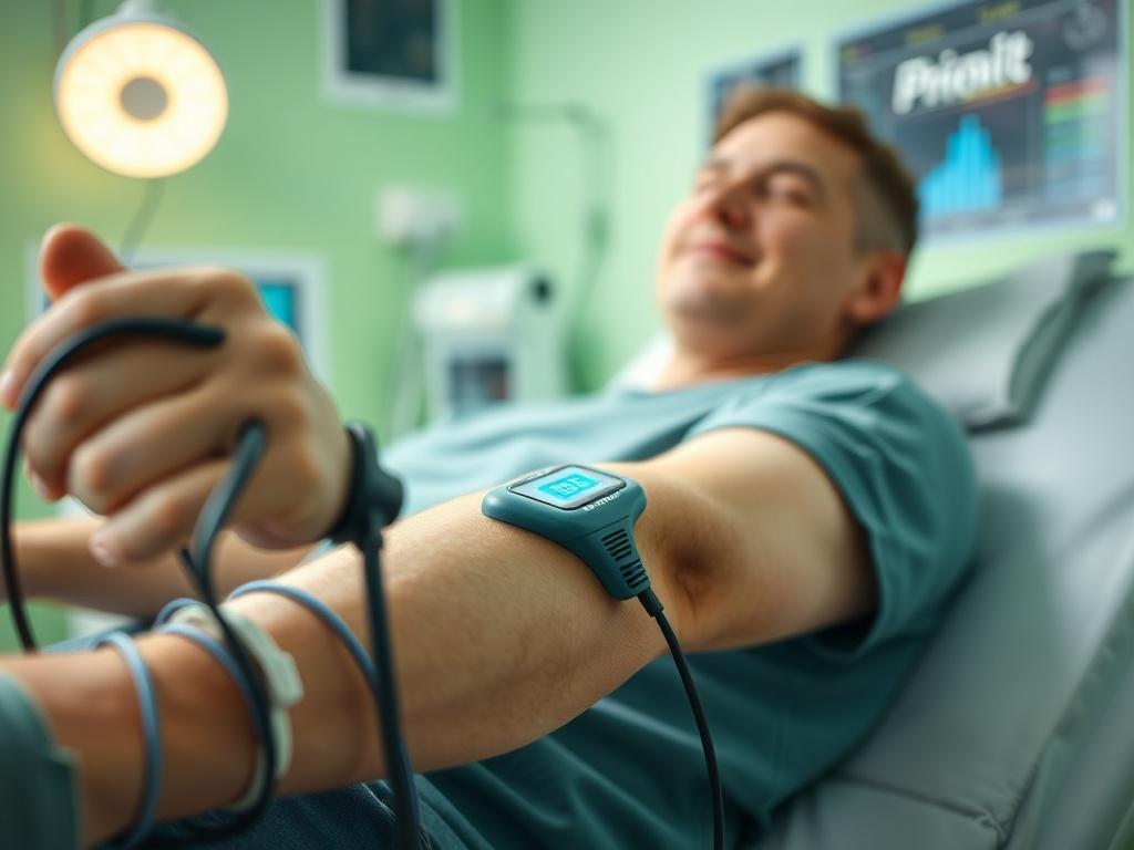 A close-up shot of a patient receiving electrotherapy treatment in a medical setting. The focus is on the patient's arm with electrodes attached, showcasing the modern electrotherapy device. The background is softly blurred, highlighting a clean and professional clinic environment. The primary color theme is green, complementing the medical theme, and the lighting is bright to emphasize the equipment and the patient's relaxed expression.