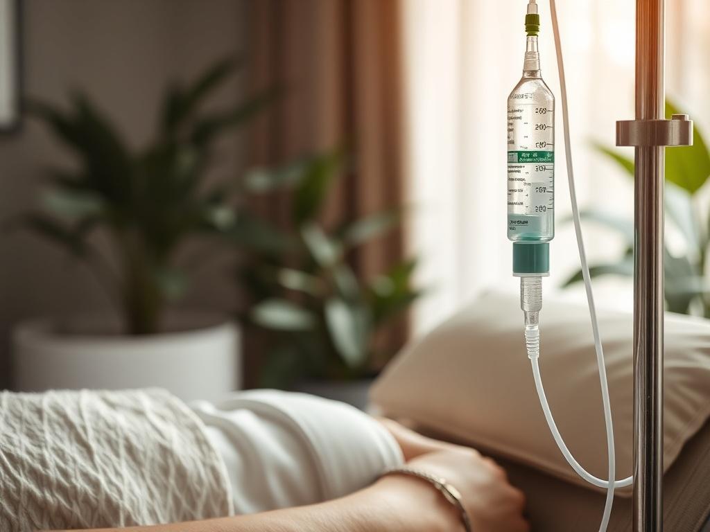 A high-resolution close-up shot of a wellness therapy session in progress, focusing on a patient receiving an IV infusion in a serene, calming environment. The background should feature soft, natural lighting with elements of greenery to convey tranquility and health. The subject should be a relaxed individual in a comfortable chair, with the infusion setup clearly visible, emphasizing the healing aspect of wellness therapies.