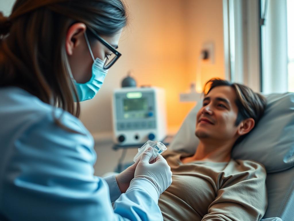 A close-up shot of a healthcare professional administering IV therapy to a patient in a comfortable clinical setting. The patient is relaxed, sitting in a chair with a calm expression. The background features soft, warm lighting to create a serene atmosphere, with medical equipment subtly visible. The healthcare professional is focused and attentive, showcasing a sense of care and professionalism. Shot with a 45mm f/1.2 lens for a hyper-realistic effect.