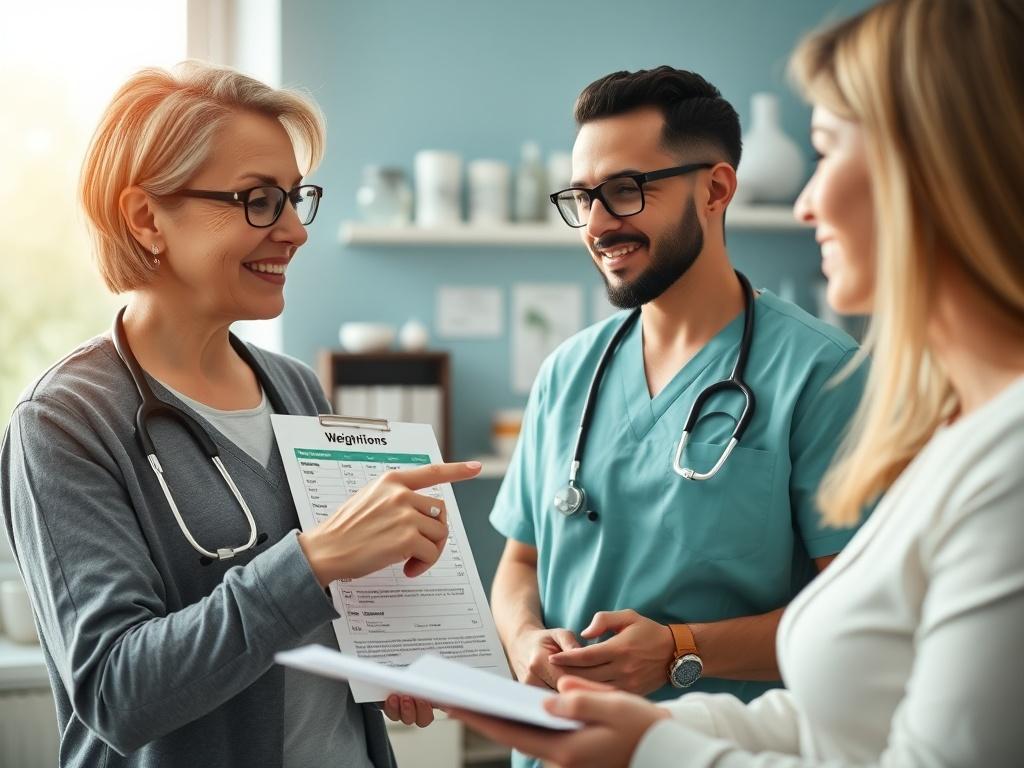 A close-up shot of a health coach discussing weight loss plans with a client in a bright, welcoming medical office. The scene captures the coach pointing to a nutrition chart, emphasizing personal interaction and support. The background features health-related materials and a calming color palette. The lighting is warm and inviting, creating a sense of trust and encouragement.