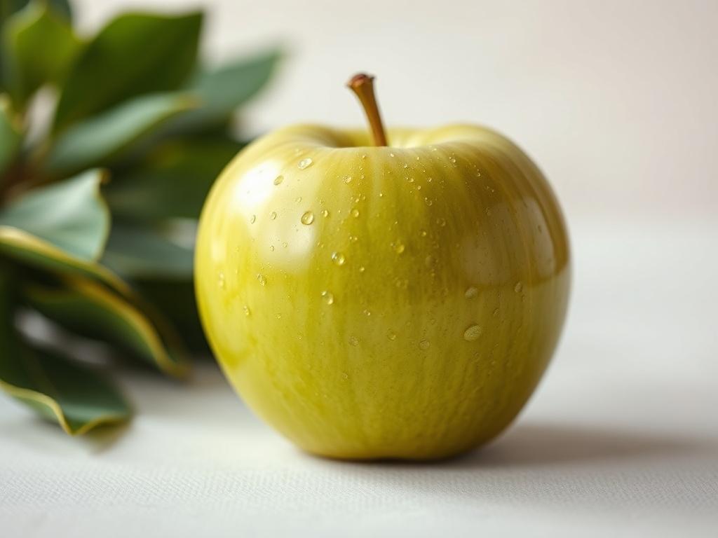 Create a realistic high-resolution photo that captures the essence of weight loss and the health benefits associated with GLP-1 and GLP-2 medications. The composition should feature a single subject: a close-up of a vibrant, fresh green apple on a light, neutral background. The apple should glisten as if dew-tipped, emphasizing its freshness and vitality, symbolizing health and wellness. 

In the background, softly blurred nature elements, such as green leaves or a hint of a sunny landscape, should suggest 