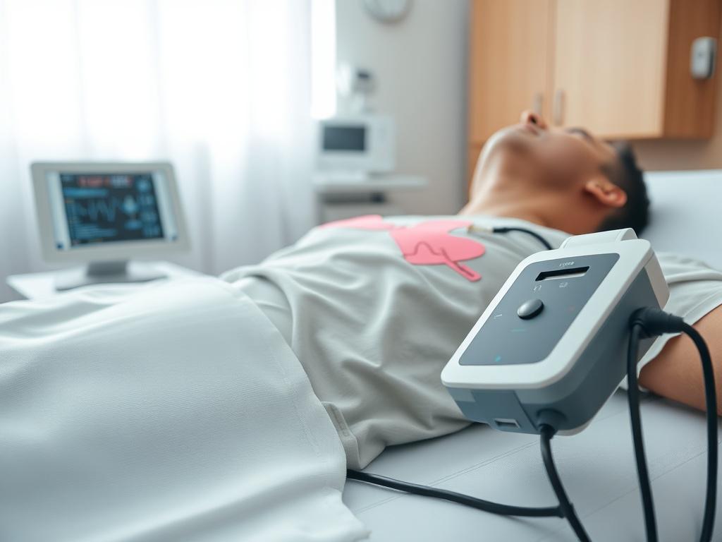 A close-up shot of a patient lying on an examination table with EKG electrodes attached to their chest, monitoring their heart activity. The background should be a clean, well-lit medical examination room with soft, neutral colors to convey a sense of calm and professionalism. The focus should be on the patient and the EKG machine, capturing a moment of care and attention.