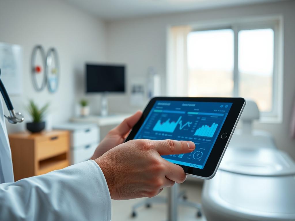 A close-up shot of a doctor's hand holding a tablet displaying health data, set against a modern, bright examination room. The image should capture a sense of advanced technology in healthcare, with the primary color of rgb(50, 170, 39) used in the decor.