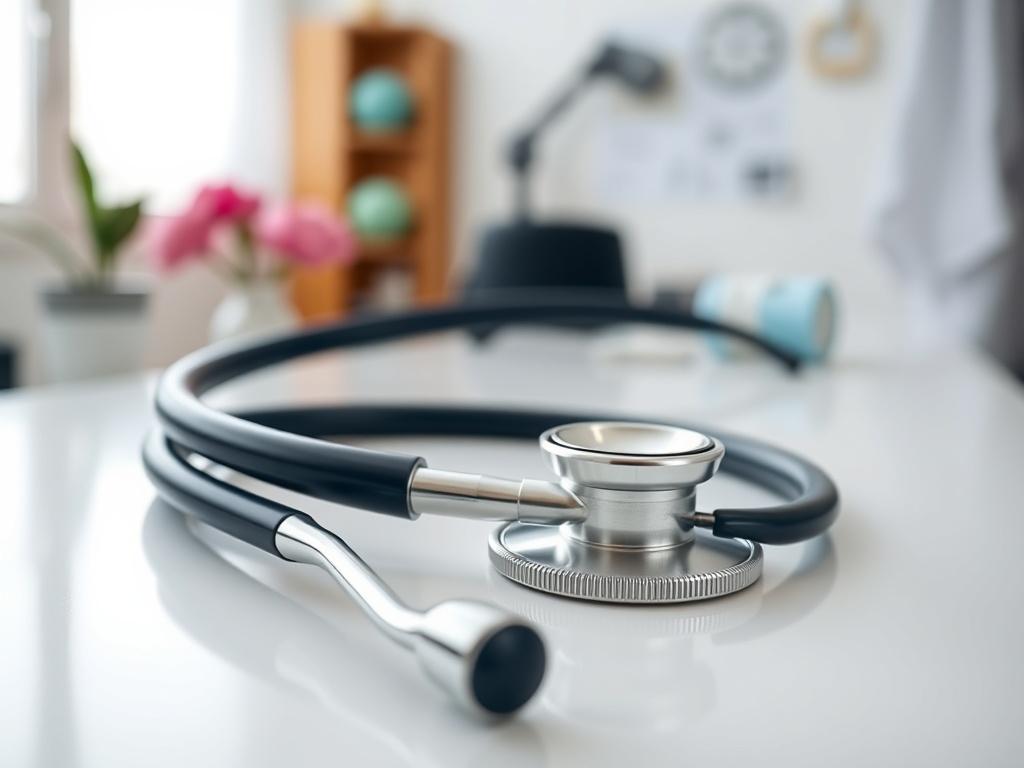 A close-up shot of a stethoscope on a white surface, with a soft-focus background of a doctor's office, rendered in hyper-realistic detail. The image should reflect a clean, professional environment, with the primary color of rgb(50, 170, 39) subtly incorporated in the background decor.