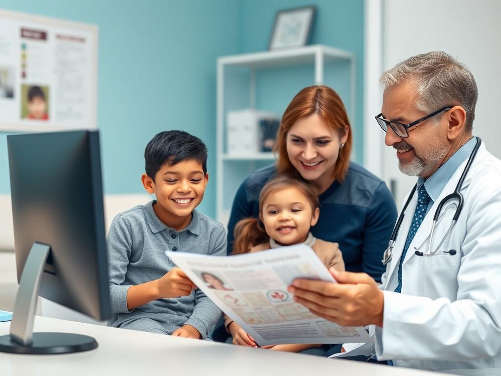 A close-up shot of a happy family at a doctor's office, with a doctor reviewing health charts with them. The image should convey warmth and care, showcasing a supportive healthcare environment with the primary color of rgb(50, 170, 39) in the background.