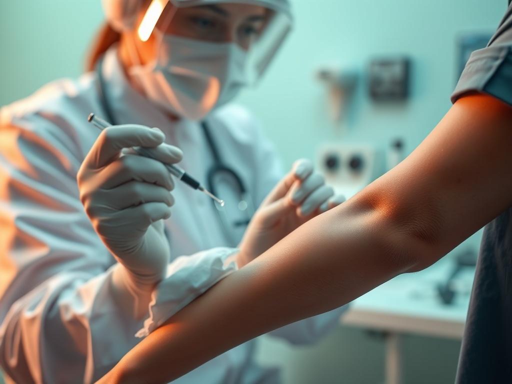 A close-up shot of a healthcare professional drawing blood from a patient’s arm, showcasing a sterile environment with medical tools in the background. The focus is on the professionalism and care of the process, capturing the essence of a bloodwork procedure. The lighting is soft and warm, creating a reassuring atmosphere, with the predominant color being a calming green (rgb(50, 170, 39)).