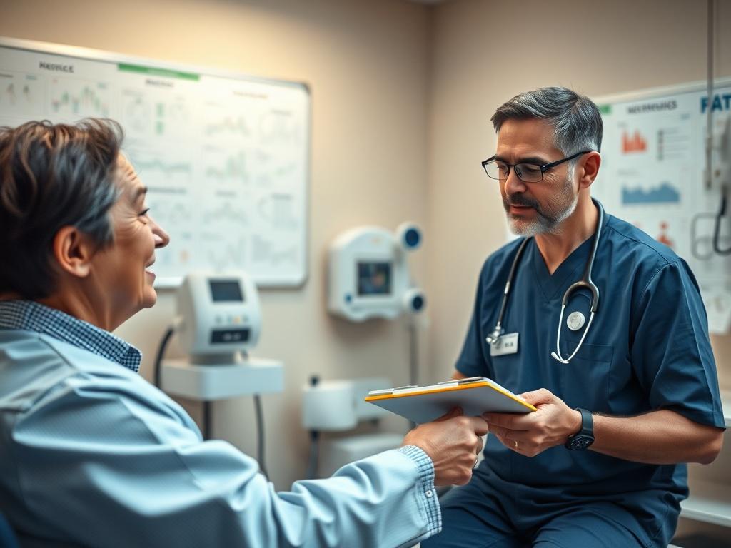 A close-up shot of a medical professional performing a health assessment on a patient in a well-lit clinic. The patient looks relaxed and engaged, while the medical professional is focused and holding a clipboard with notes. The background includes medical charts and equipment, creating a professional atmosphere. The image should be realistic and visually appealing, capturing the essence of comprehensive health evaluations.