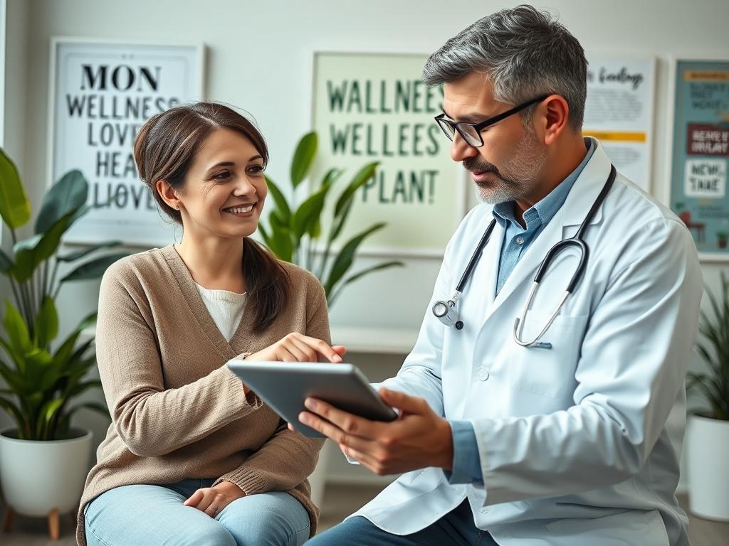A close-up shot of a healthcare professional discussing a personalized wellness program with a patient in a bright and inviting office. The patient looks motivated and engaged, while the professional points to a wellness plan on a tablet. The background features motivational health posters and plants, creating an encouraging atmosphere. The image should be realistic, highlighting the importance of personalized health strategies.