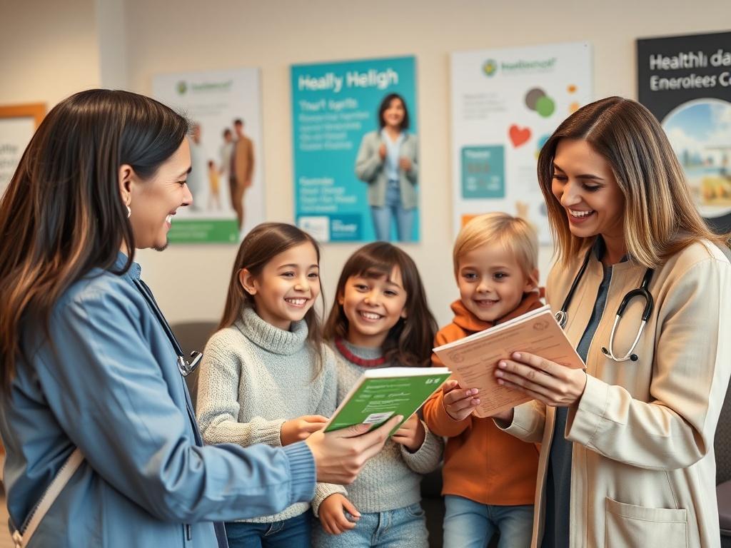 A close-up shot of a family happily discussing their health membership options with a friendly medical staff member in a welcoming clinic environment. The staff member is holding a brochure, while the family appears engaged and interested. The background features health-related posters and a comfortable waiting area, emphasizing a supportive atmosphere. The image should be realistic, showcasing the importance of health membership plans.