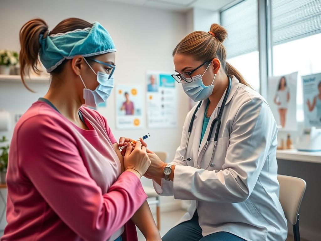 A vibrant scene of a healthcare professional administering a vaccination to a patient in a modern medical office. The patient appears calm and reassured. The background shows wellness materials and health posters, all in a well-lit environment with a calming color scheme that includes rgb(50, 170, 39).