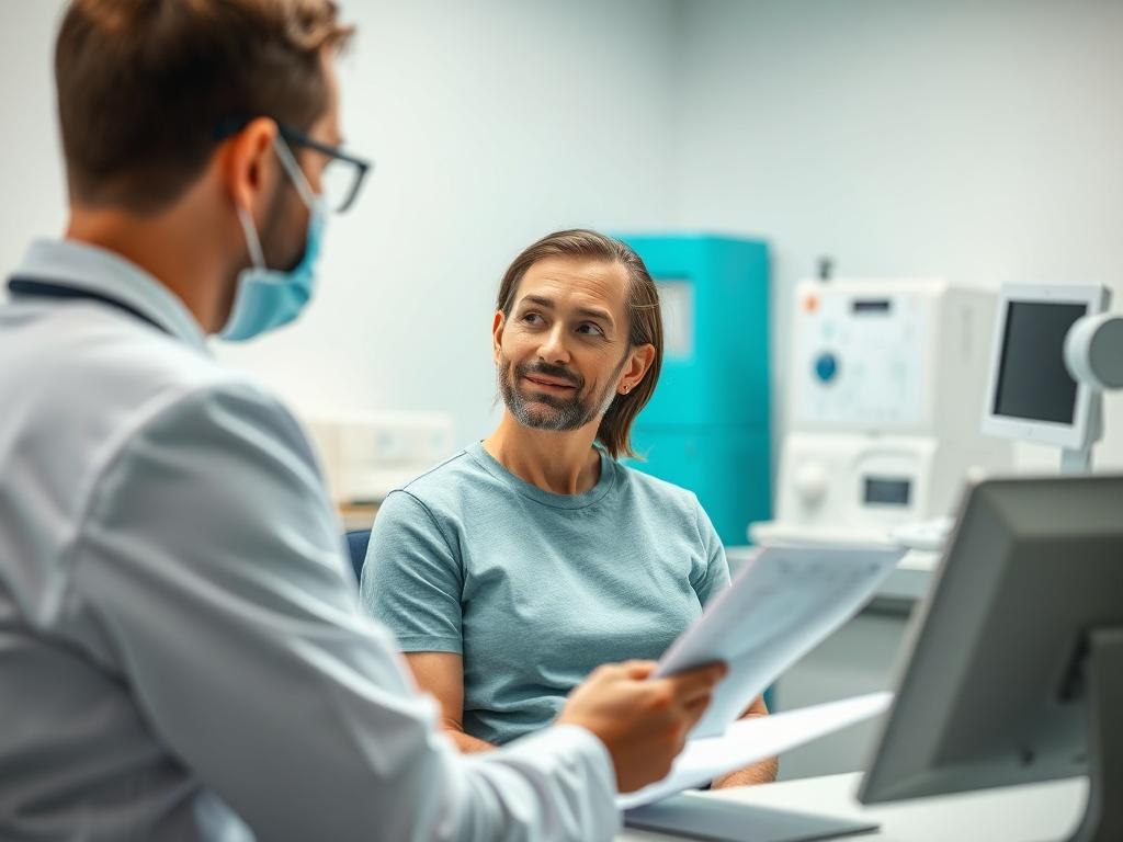 A close-up shot of a patient receiving a health assessment in a medical office. The patient looks relaxed and engaged with a healthcare professional who is explaining test results. The setting is well-lit with medical equipment subtly in the background, and the color scheme reflects the primary color rgb(50, 170, 39). The focus is on the interaction between the patient and the professional.