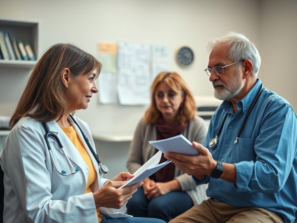 A healthcare professional discussing a chronic disease management plan with a patient in a medical office. The patient appears engaged and is taking notes. Medical charts and materials are visible in the background. The image is bright and inviting, showcasing the supportive environment of the practice, with a color palette that includes rgb(50, 170, 39).