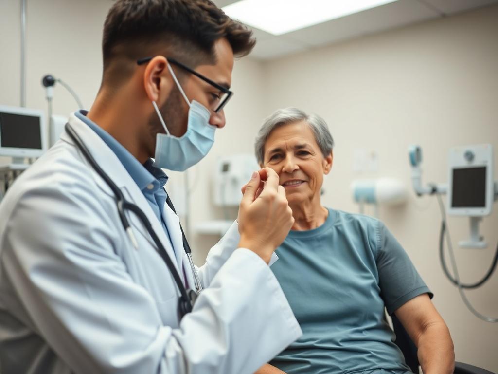 A healthcare provider performing a health screening on a patient in a clinical setting. The focus is on the provider taking measurements while the patient appears relaxed and comfortable. The background includes medical instruments and a reassuring atmosphere, highlighting the importance of preventive care.
