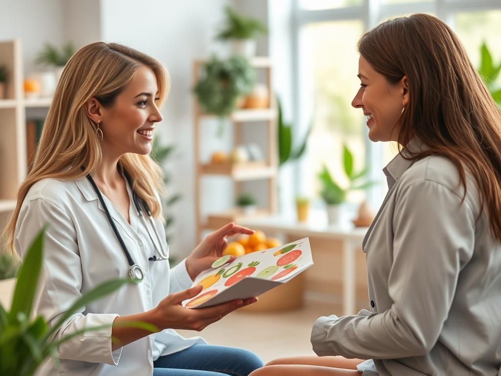 A nutritionist discussing a meal plan with a client in a bright, inviting office. The nutritionist is showing colorful food models or charts to illustrate healthy eating. The background features a welcoming environment with plants and health-related materials. The focus emphasizes the interaction and guidance provided.