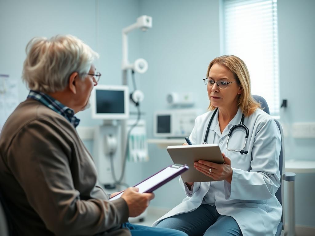 A healthcare professional conducting a medical evaluation with a patient in a well-lit examination room. The doctor is taking notes on a clipboard while the patient looks attentive and engaged. The background features medical equipment and a calming color palette. The composition is clear and focused on the doctor and patient interaction.