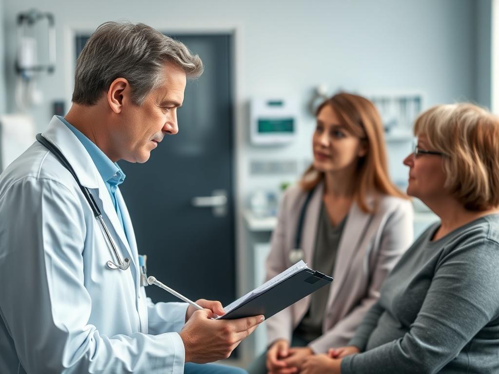 A close-up shot of a healthcare professional conducting a health assessment with a patient in a well-lit medical office. The doctor is holding a clipboard and writing notes, while the patient looks engaged and attentive. The background features medical instruments and a calming color scheme, creating a professional yet welcoming atmosphere.