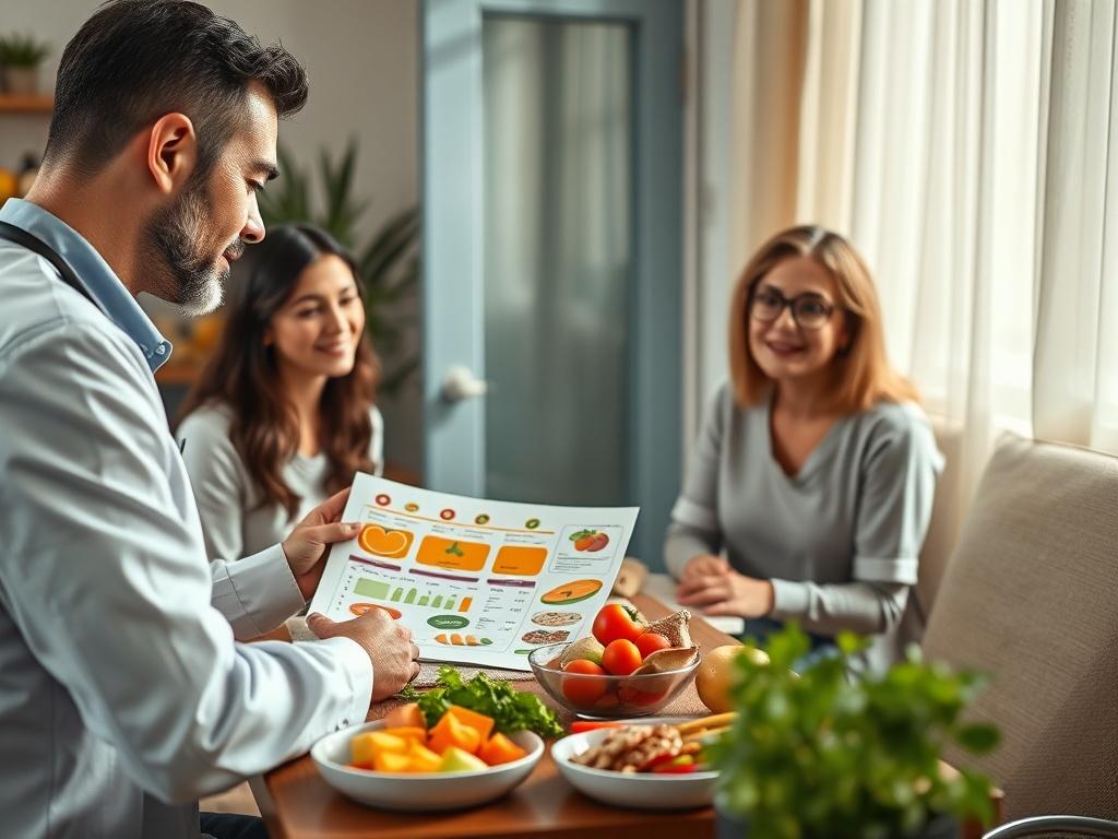 A close-up shot of a nutritionist discussing a meal plan with a patient in a cozy consultation room. The nutritionist presents colorful food charts and healthy food samples on a table, while the patient listens attentively. The environment is bright and inviting, conveying a sense of comfort.