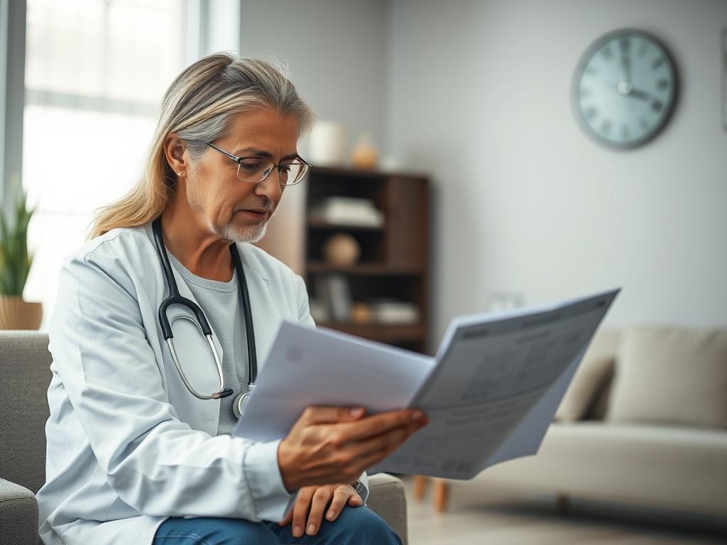 A close-up shot of a healthcare provider reviewing a patient’s health chart during a consultation. The provider is showing concern and providing guidance, while the patient appears engaged and receptive. The setting is a modern medical office with calming decor.
