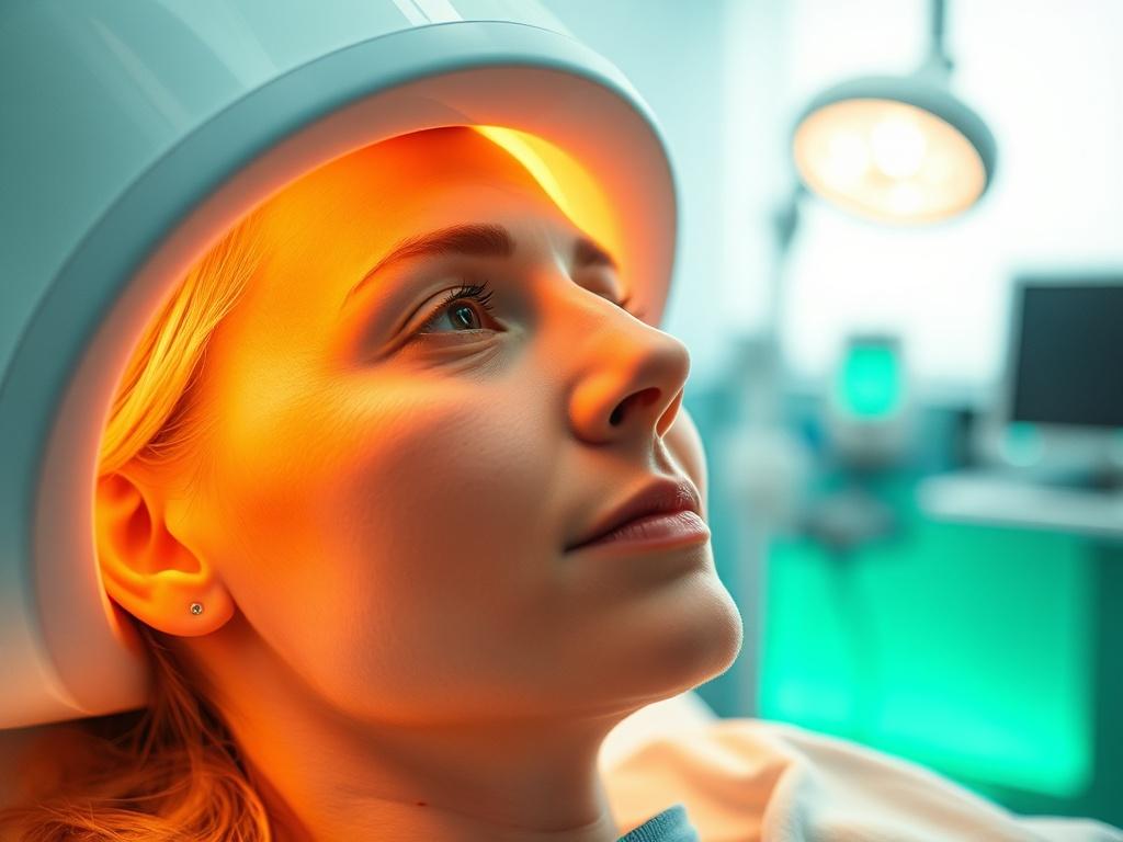 A hyper-realistic close-up shot of a patient receiving phototherapy in a serene medical environment. The focus is on the patient's face, illuminated by soft, warm light from the phototherapy device. The background is softly blurred, showcasing a clean and calming medical room with subtle hints of green accents to reflect the primary color, rgb(50, 170, 39). The scene conveys a sense of comfort and healing.