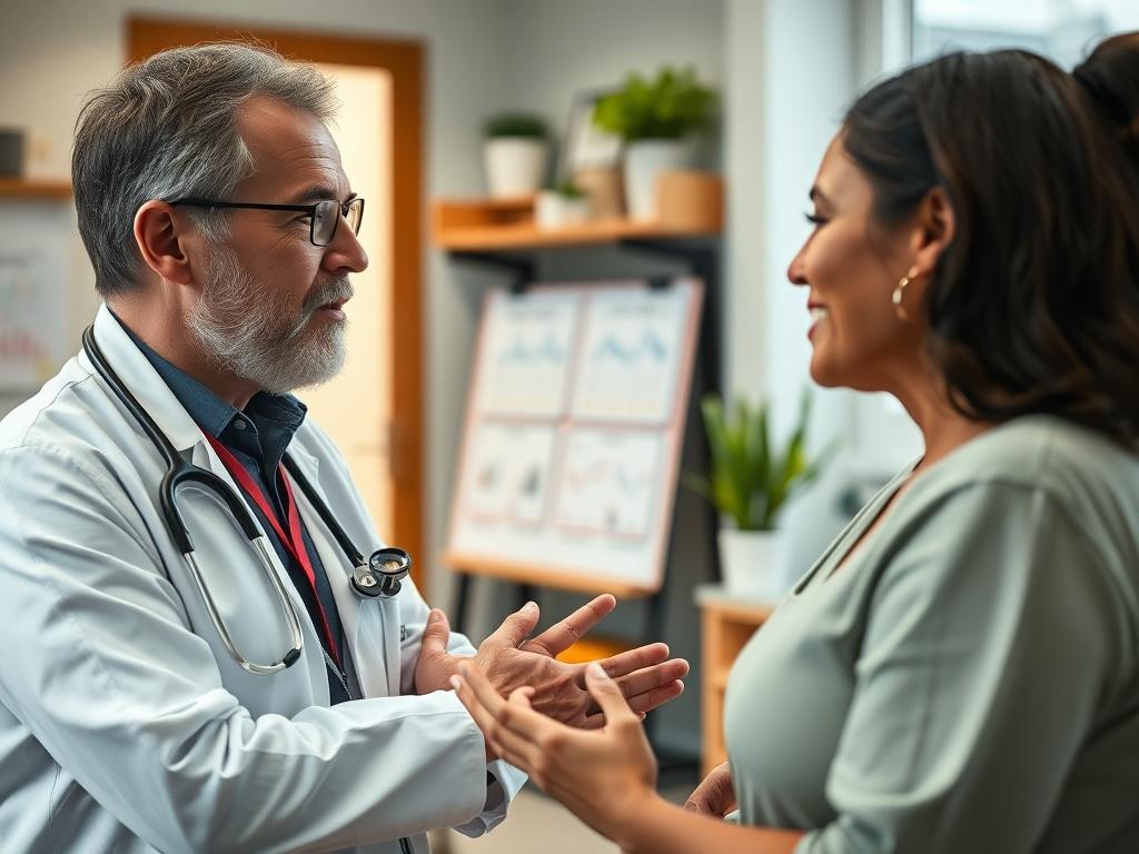 A close-up shot of a healthcare professional discussing weight loss options with a patient in a welcoming clinic environment. The focus should be on the interaction, with visual elements that suggest health and wellness, such as charts or healthy foods in the background.