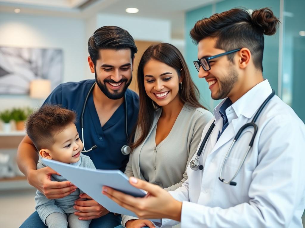 A close-up shot of a smiling healthcare professional discussing membership options with a family in a modern medical office. The background features a clean, well-lit reception area with calming colors.