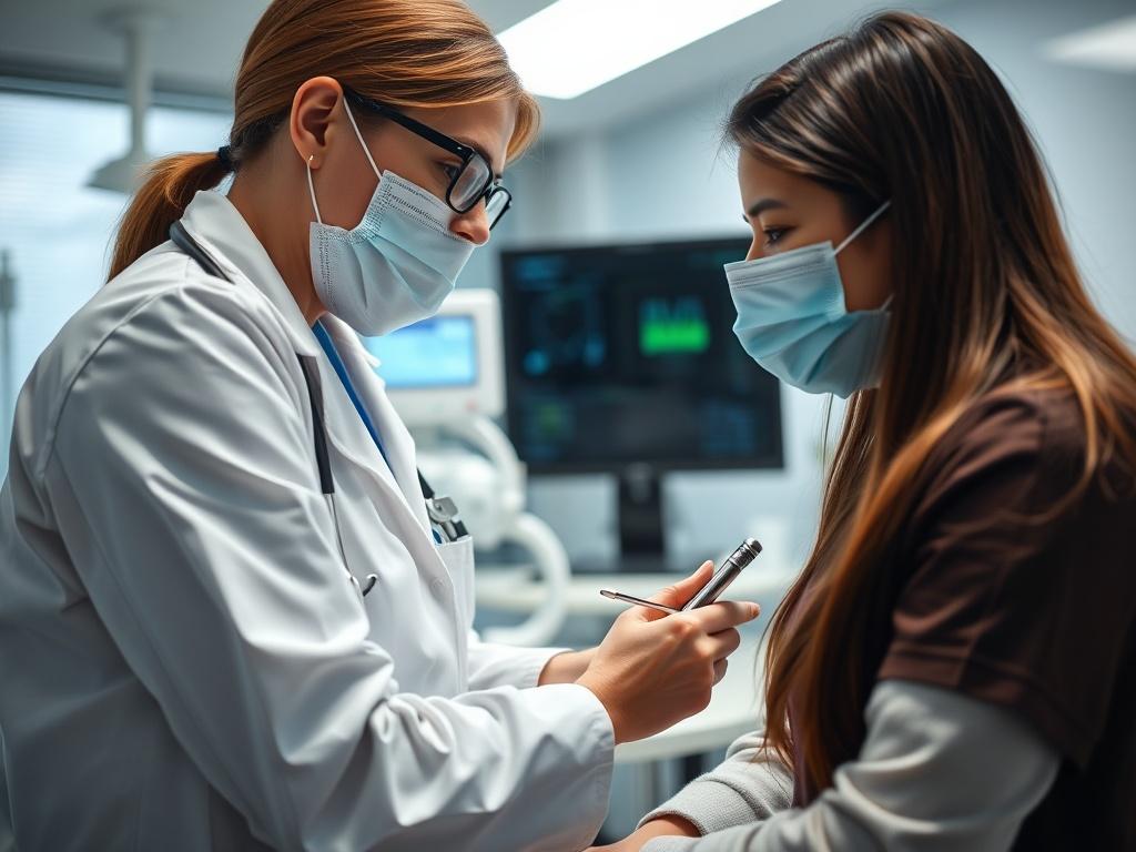 A close-up shot of a healthcare professional conducting a health assessment for a patient in a modern clinic setting, with medical equipment in the background.
