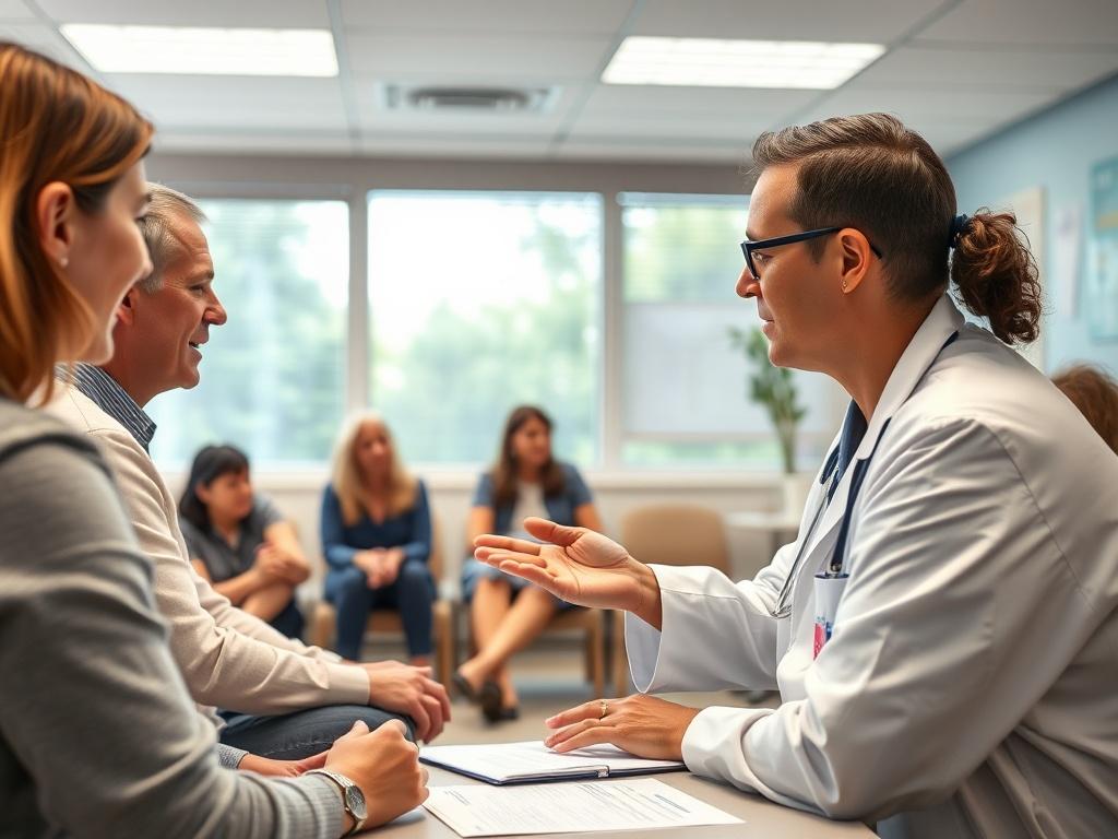 A close-up shot of a healthcare professional explaining health information to a group of engaged patients in a bright, welcoming educational room.