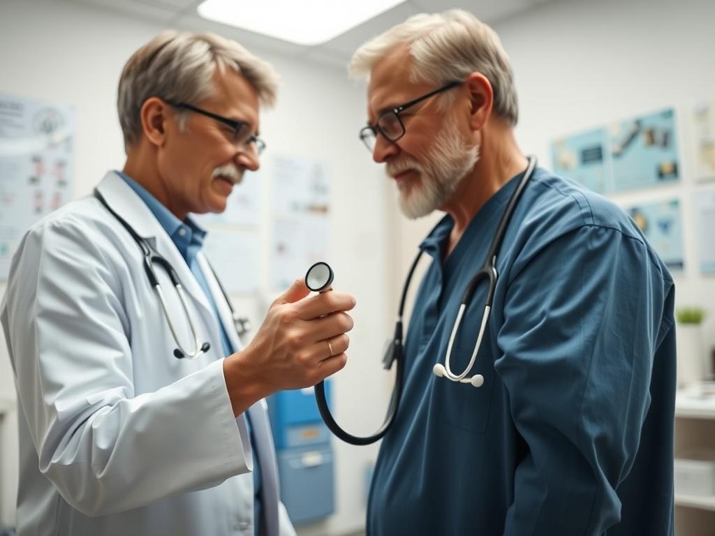 A close-up shot of a medical professional examining a patient, with a stethoscope in hand. The setting is a bright, welcoming medical office with soft lighting. The focus is on the interaction between the doctor and patient, conveying a sense of care and professionalism. The background features medical charts and equipment, enhancing the medical context.