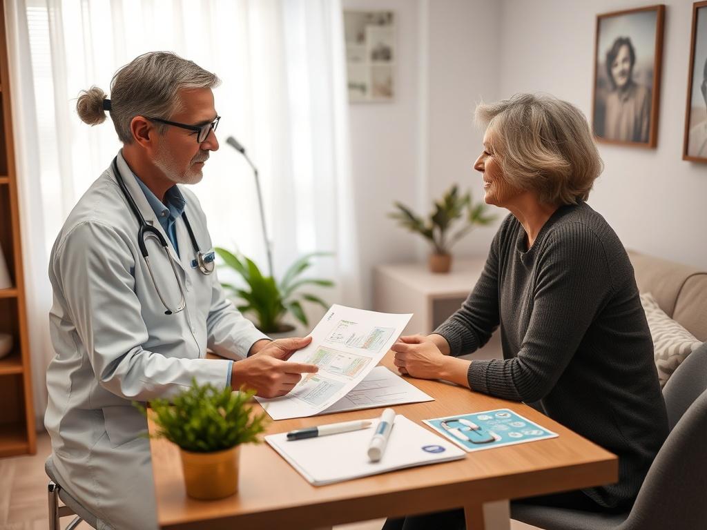 A close-up shot of a healthcare professional discussing a personalized health plan with a patient. The setting should be a cozy consultation room, with a warm and inviting atmosphere. The focus is on the interaction, showcasing charts and health materials on the table, emphasizing a collaborative approach to health.