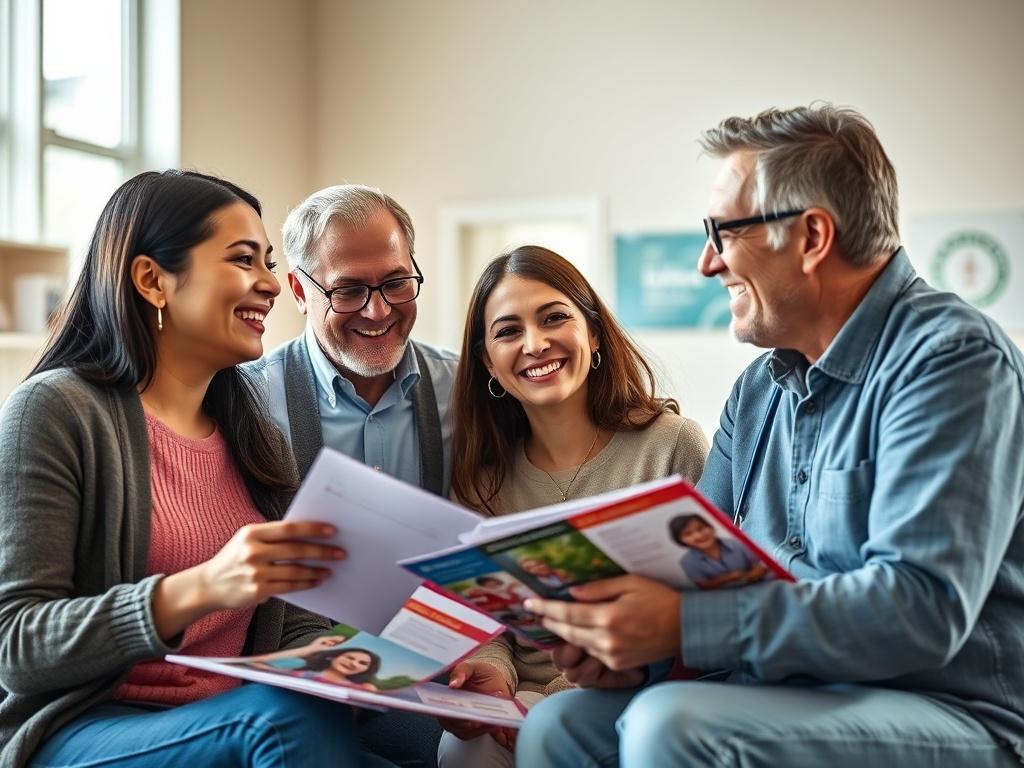 A close-up shot of a happy family discussing their membership at a medical center, surrounded by promotional materials. The setting is bright and welcoming, emphasizing community and support. The focus is on the family, showcasing their enthusiasm for the benefits of being part of a health-oriented membership.
