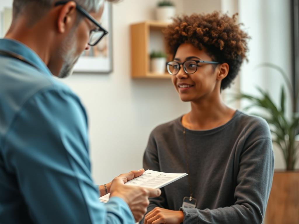 A close-up photo of a healthcare professional discussing membership options with a patient in a cozy office setting. The background should be simple and calming, with soft lighting to create an inviting atmosphere.