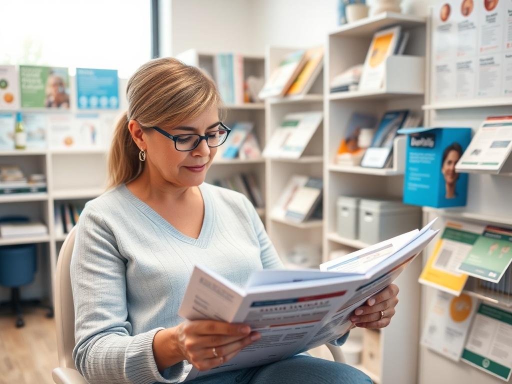A high-resolution close-up image of a patient reading informative brochures in a medical office. The setting should be bright and organized, showcasing a variety of educational materials.
