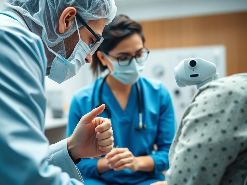 A detailed close-up shot of a healthcare professional conducting a health screening on a patient, highlighting the attentive interaction. The background should be a well-equipped medical exam room.