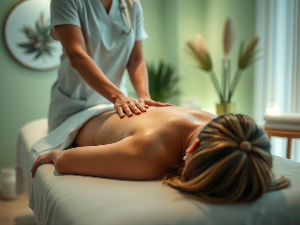 A close-up shot of a serene massage therapy room featuring a massage table, soft lighting, and calming decor. The focus should be on a therapist gently massaging a client's back, showcasing the peaceful ambiance. The color scheme should incorporate shades of green, reflecting tranquility. The image should be hyper-realistic, capturing the details of the therapist's hands and the client's relaxed expression. Use a 45mm f/1.2 lens style for a soft background.