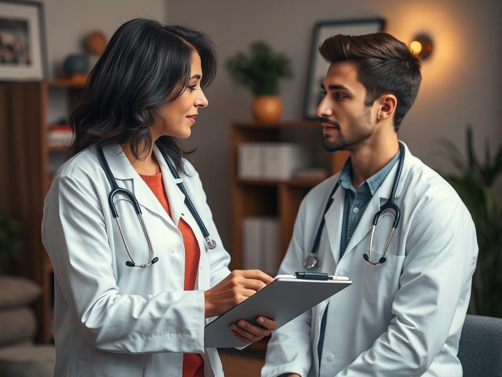 A close-up shot of a medical assessment in progress, featuring a healthcare professional consulting with a patient in a cozy office setting. The background should be softly blurred, highlighting the interaction between the patient and the medical professional. The medical professional should be a middle-aged Hispanic woman wearing a white lab coat, taking notes on a clipboard while the patient, a young Caucasian man, looks engaged and attentive. The color scheme should reflect the primary color rgb(50, 170,