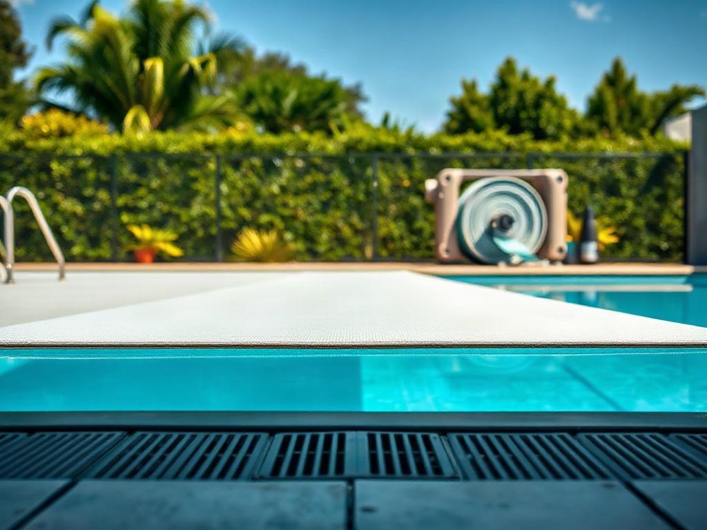 **AI Image Generation Prompt:**

Create a hyper-realistic, high-resolution photo that visually compares an automatic pool safety cover and a manual pool cover, focusing on the convenience and safety features of each. The image should prominently display an automatic pool safety cover fully extended over a pristine swimming pool, highlighting its sleek, streamlined design. Ensure the cover appears taut and secure, conveying a sense of safety and ease of use. 

In the background, show a manual cover coiled on