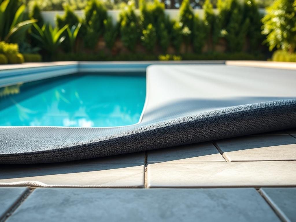 Create a highly realistic, high-resolution photo featuring a close-up shot of a swimming pool with a focus on a safety pool cover. The cover should be securely fitted over the pool, clearly showcasing its thickness and textured surface to emphasize durability and safety features. The background should feature a well-maintained pool area, with lush greenery framing the edges to create a serene environment. Soft sunlight should cast gentle shadows on the cover, highlighting its contours and the sheen of the m