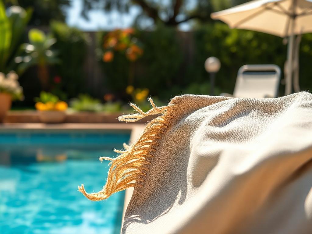 Generate a highly realistic, high-resolution image of a close-up shot of a swimming pool cover in need of repair. The composition should focus solely on the pool cover, showcasing visible signs of wear and damage, such as fraying edges, small tears, or faded colors. Emphasize the texture of the material—make it look slightly wrinkled and imperfect to highlight the needed repairs. 

In the background, subtly include a blurred view of a beautifully maintained backyard with a hint of green grass and a few colo