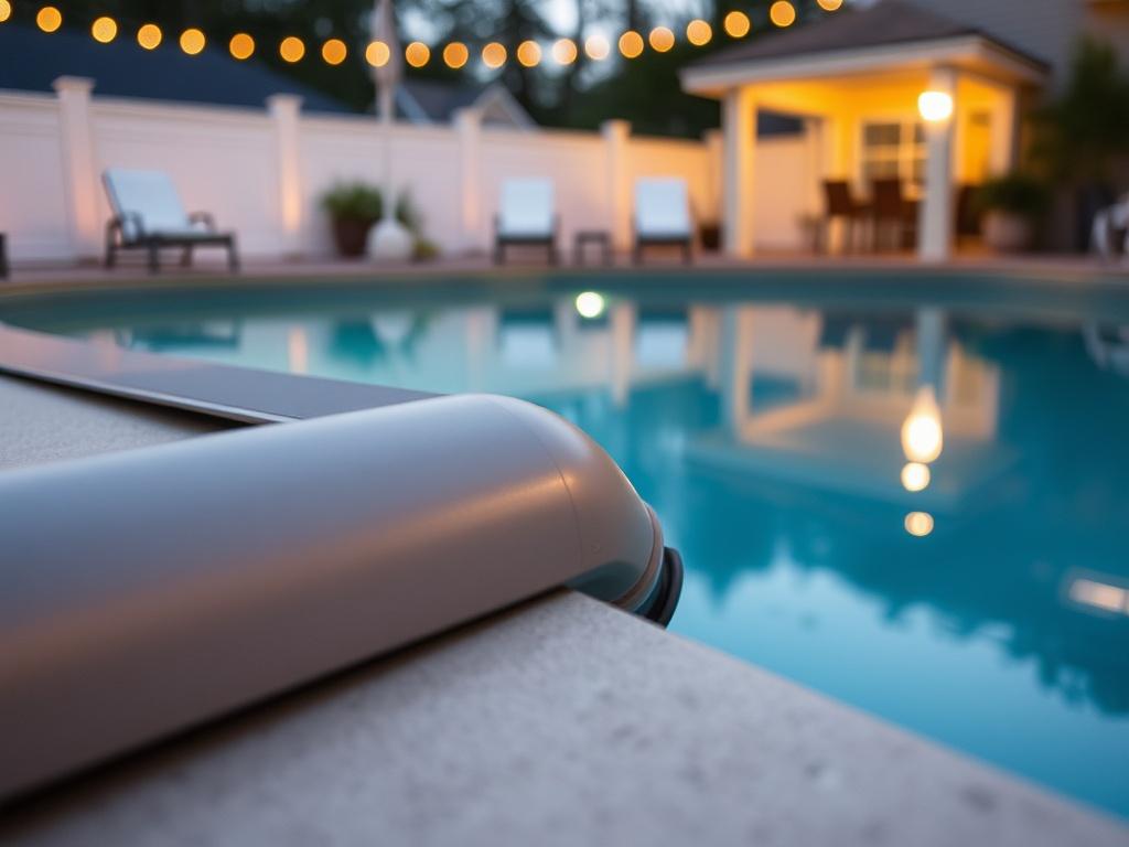 **Prompt for AI Image Generator:**

Create a realistic high-resolution photo focusing on a retractable safety cover for a swimming pool. The image should feature a close-up shot of the pool, showcasing the safety cover securely in place. Emphasize the smooth, sleek texture of the cover as it seamlessly blends into the pool area, illustrating how it keeps both kids and pets safe, while protecting the investment in the pool. 

The background should include a well-maintained pool area with soft outdoor lightin