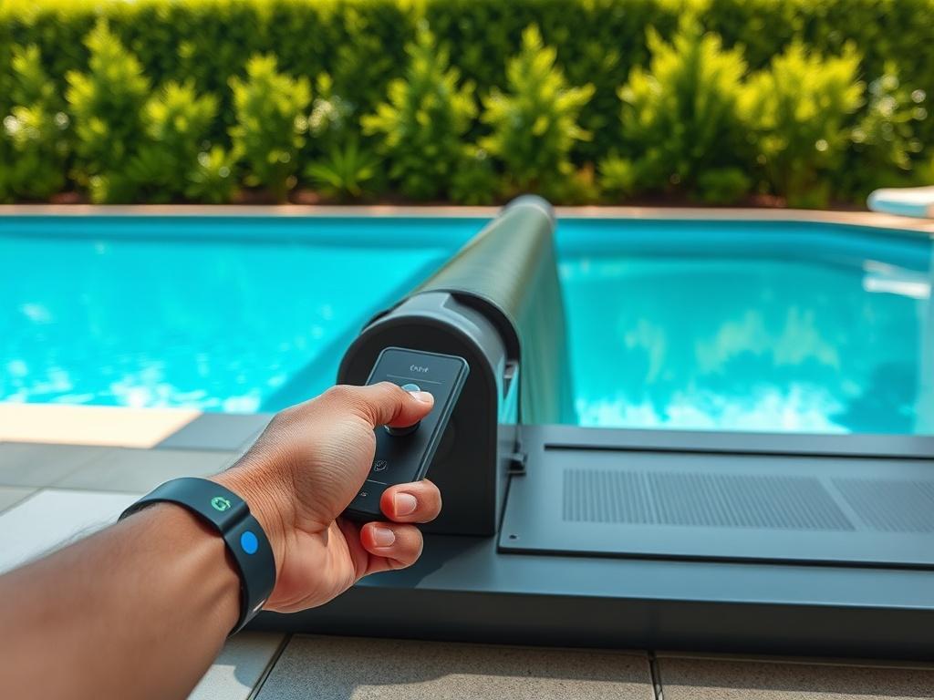 **Prompt for AI Image Generation:**

Create a hyper-realistic, high-resolution photo of an electronic pool cover in action. The image should focus closely on the pool cover as it opens, showcasing its sleek design and functionality. Include a hand gently pressing a button on a remote control, illustrating the ease of use; ensure to capture the moment just as the cover begins to retract, revealing the crystal-clear water underneath.

The background should feature a beautiful, well-maintained swimming pool ar