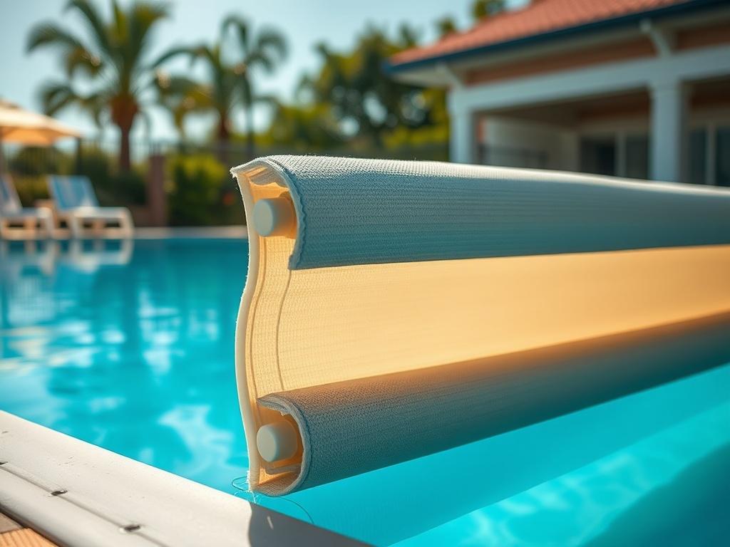 **Prompt for AI Image Generator:**

Create a realistic high-resolution close-up photograph of a sturdy commercial pool cover in action, designed for a public swimming pool. The focus is on the durable material of the cover, showcasing its texture and features that emphasize safety and cost efficiency. The pool cover should be tightly secured over the water, reflecting sunlight to show its protective qualities. 

The background should feature a well-maintained public swimming pool area, including glimpses of