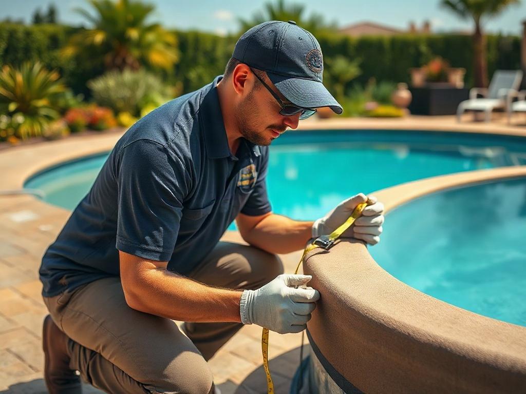 **Prompt for AI Image Generation:**

Create a realistic high-resolution photo that embodies the theme of a blog titled "Free Onsite Pool Cover Estimate: What Happens During a Cover Inspection?" The focus of the image should be on a single professional pool technician inspecting a residential swimming pool cover. The technician should be wearing a clean polo shirt with a logo (no visible text), a cap, and safety gloves, actively examining the pool cover with a measuring tape in one hand, kneeling beside the 