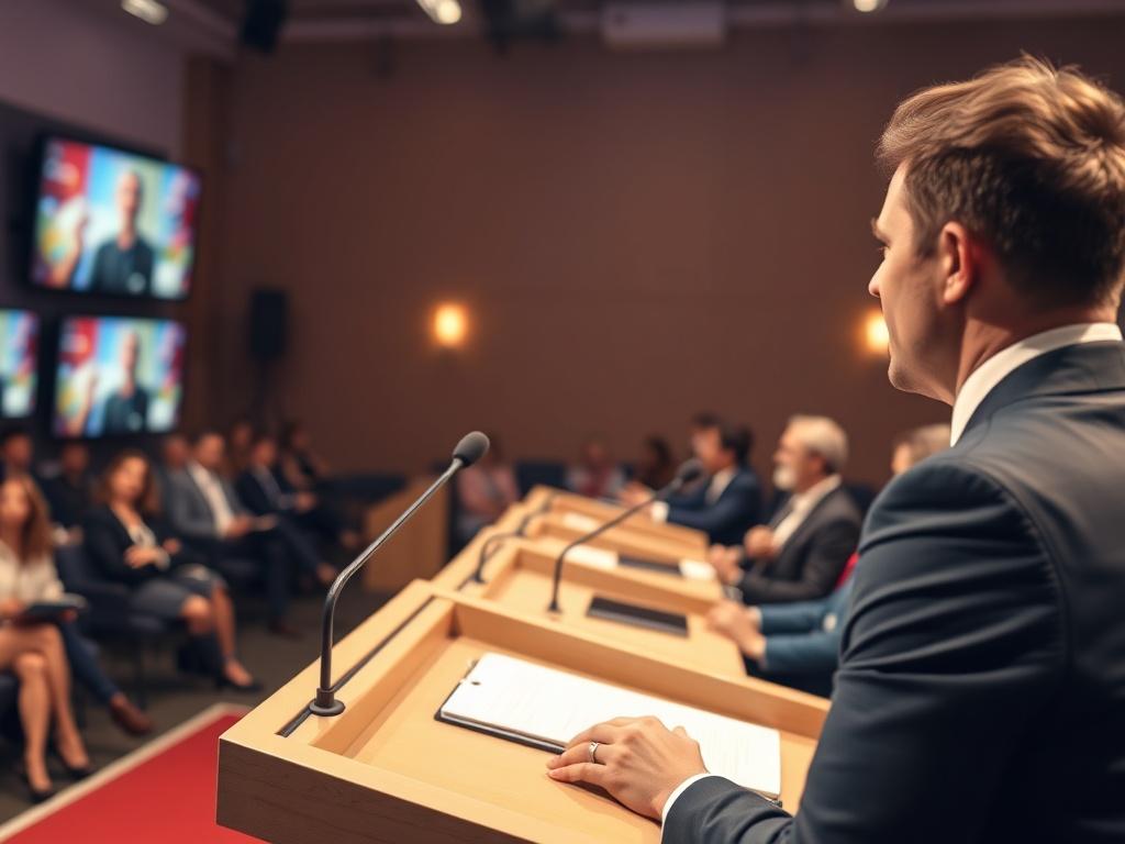 A close up shot of a debater speaking confidently at