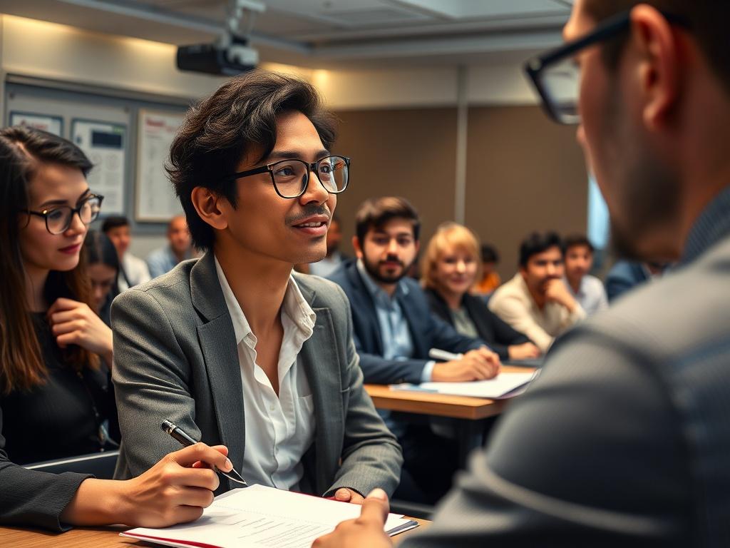 A close up shot of a confident debater presenting a