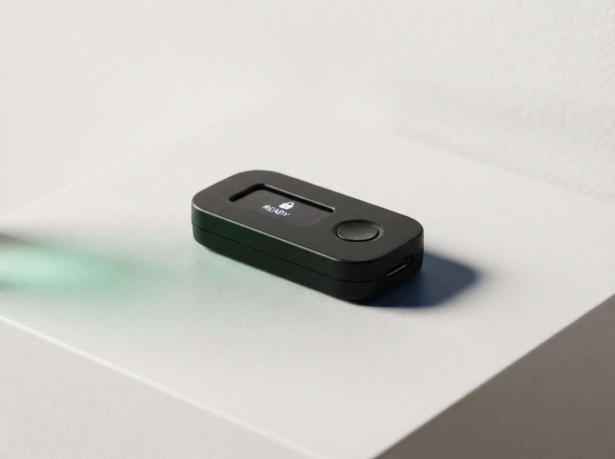 Compact black hardware wallet shown in full on a softly lit surface
