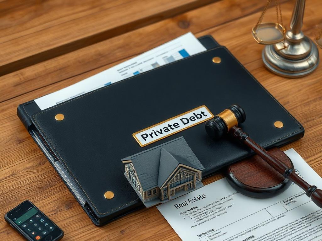 **AI Image Generation Prompt:**

Create a realistic high-resolution image that reflects the theme of "Three Key Alternative Investments." The composition should be simple and clear, focusing on a single, compelling subject: a beautifully arranged wooden desk showcasing three distinct investment-related items. These items should represent the concepts of private debt, real estate, and litigation finance.

1. **Subject Matter:**
   - **Private Debt:** Include a well-crafted, elegant folder or portfolio labele